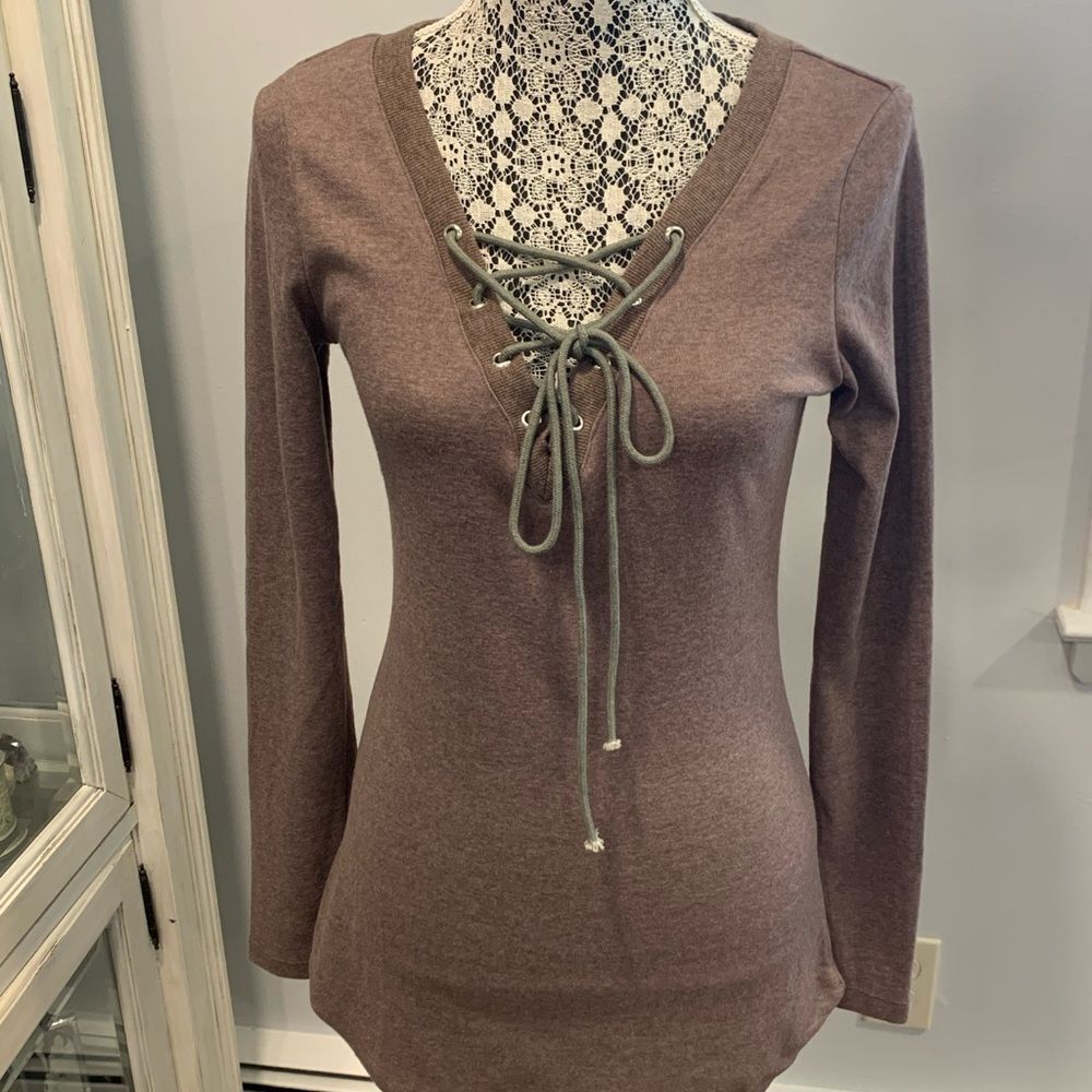 PattyBoutik Brown Long Sleeve Top Tie Front